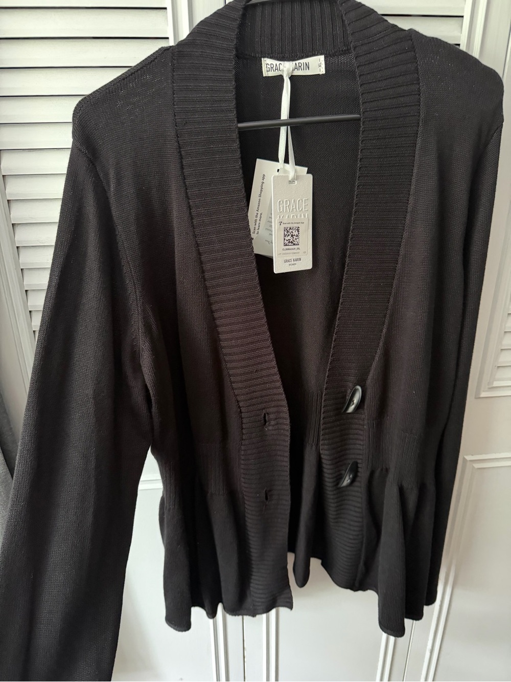 Grace Karin Black Ribbed Shawl-Collar Button Cardigan
